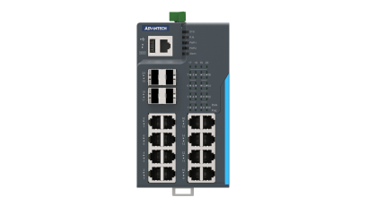 EKI-8720G-4XFPI is a DIN rail L3 switch with 16 PoE ports, 4 SFP+ ports, IXM for quick setup, and X-Ring Pro for 20ms recovery.